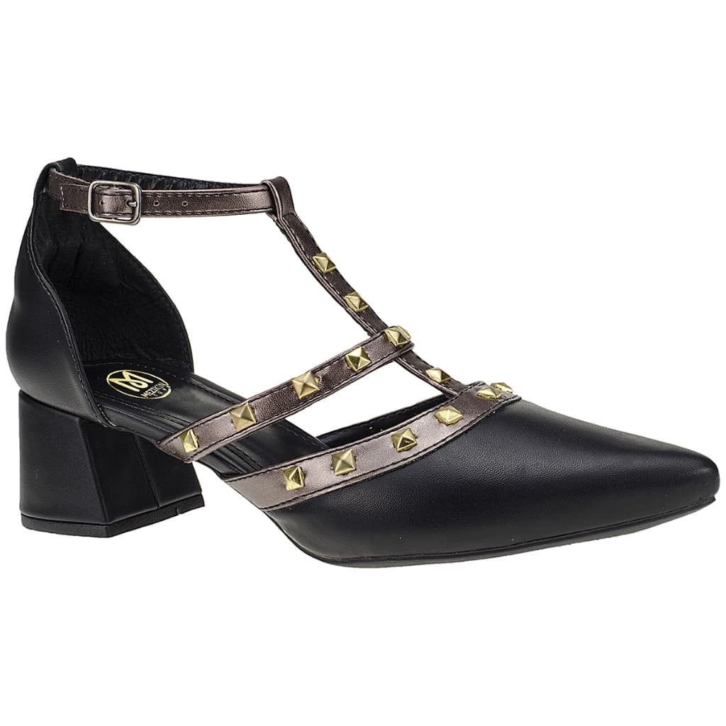 Sapato Scarpin Detalhe Dourado Salto Bloco Quadrado Grosso Bico Fino 005