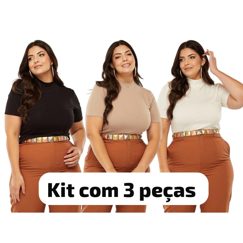 Kit com 3 Blusa Oversized T-Shirt Plus Size GolaAlta Manga Curta Camisao Feminino ViscolycraElegante