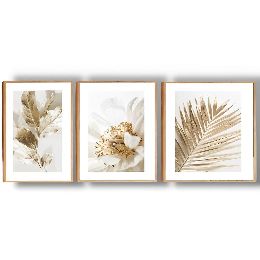 Kit 3 Quadros Decorativos Folhagem Dourada Gold Sala Grande Moderno