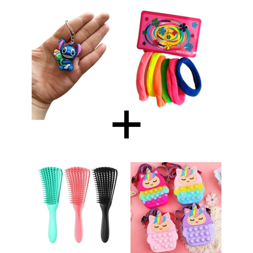 Chaveiro de Stitch ou Avengers+6 elasticos de cabelo+Bolsa Transversal Unicórnio+Escova Para Cabelo Cacheado Desembaraça