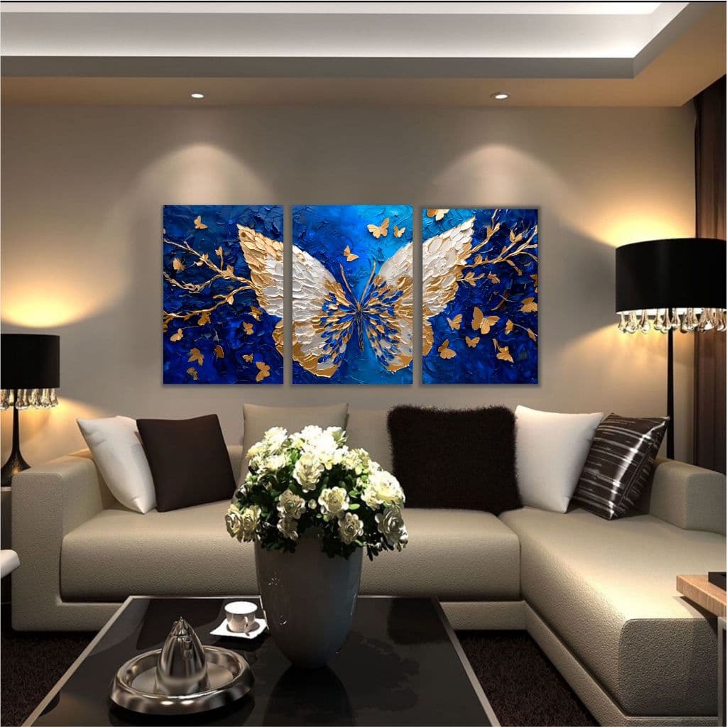 Quadro Decorativo Azul Estilo Pintura Borboleta Quarto Sala 3 pç