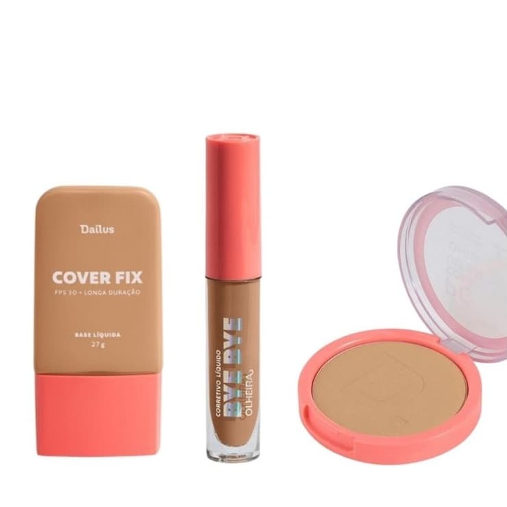 Kit Dailus Base Cover Fix + Corretivo + Pó Compacto D7-Médio