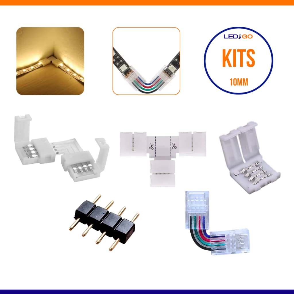 Kit 5 ou 10 Conector 10mm 4 Pinos RGB Emenda L Reta Rápida Pressão p Fita LED 5050 3528 Montagem Fácil Iluminação