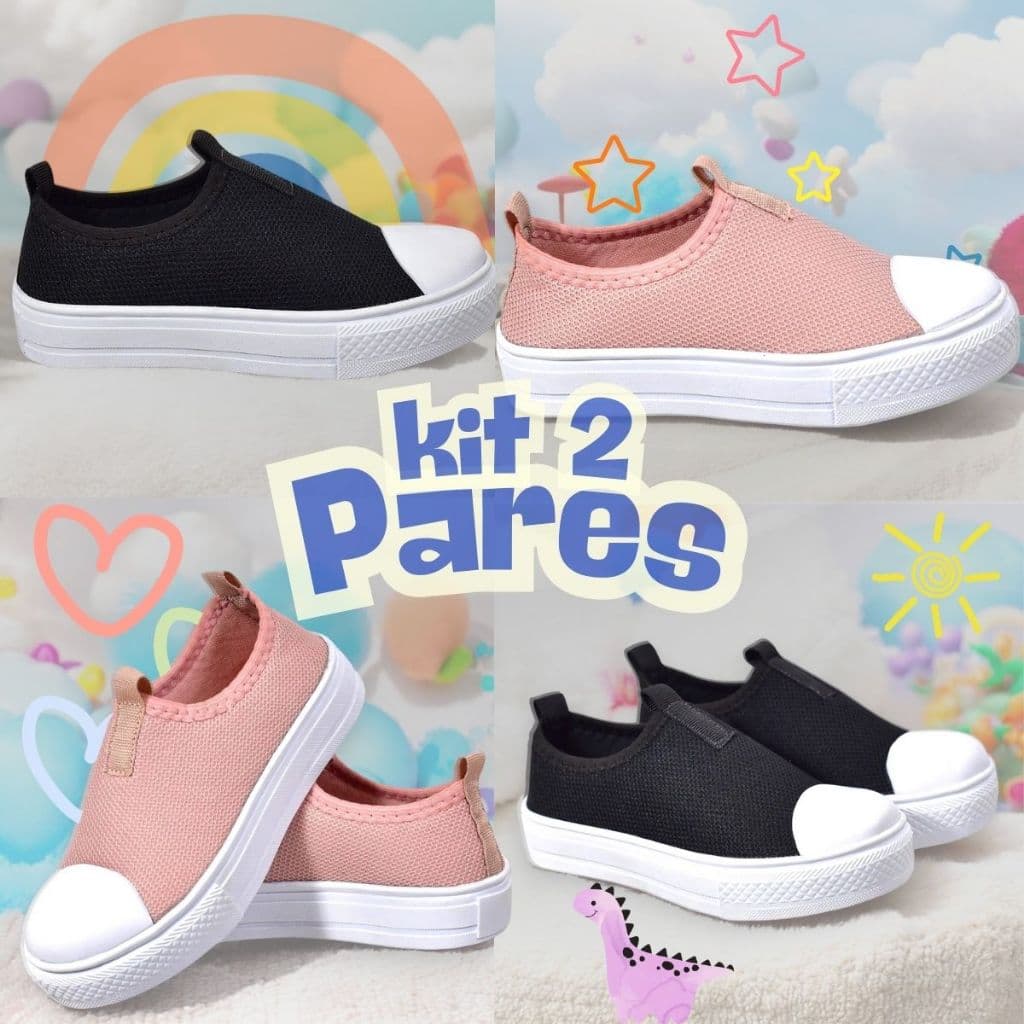 Kit 2 Pares Tênis Infantil Slip On Sem Cadarço Macio e Seguro para Escola e Passeios