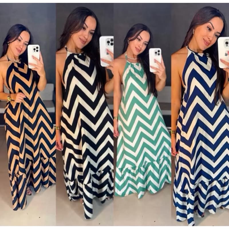 Vestido Feminino Longo Costa Nua Com Bojo Tecido Duna Estampada Zig Zag Elegante