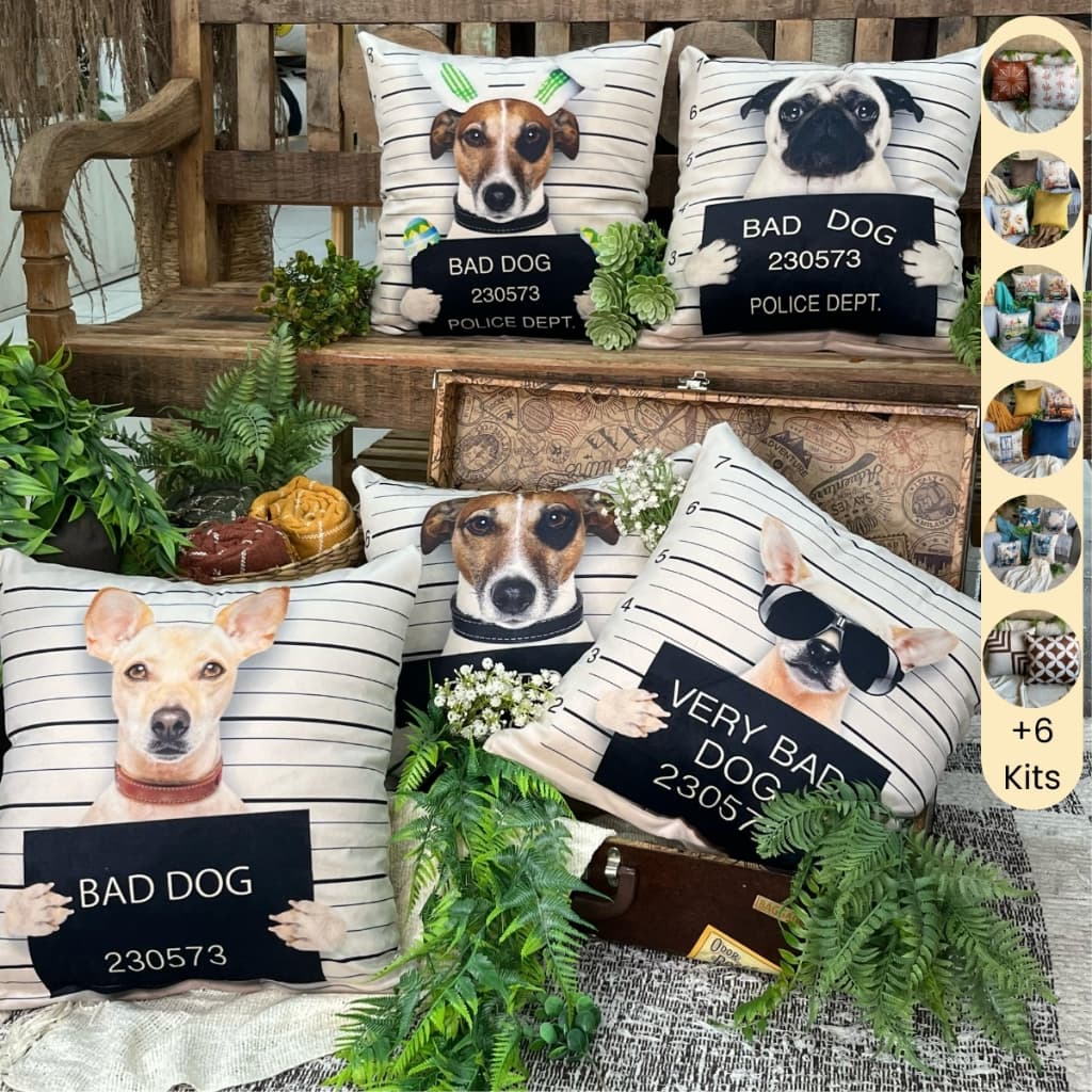 Kit com 5 Capas para Almofadas Decorativas em Veludo 45x45cm de Pet Cachorros para Sofá ou Cama