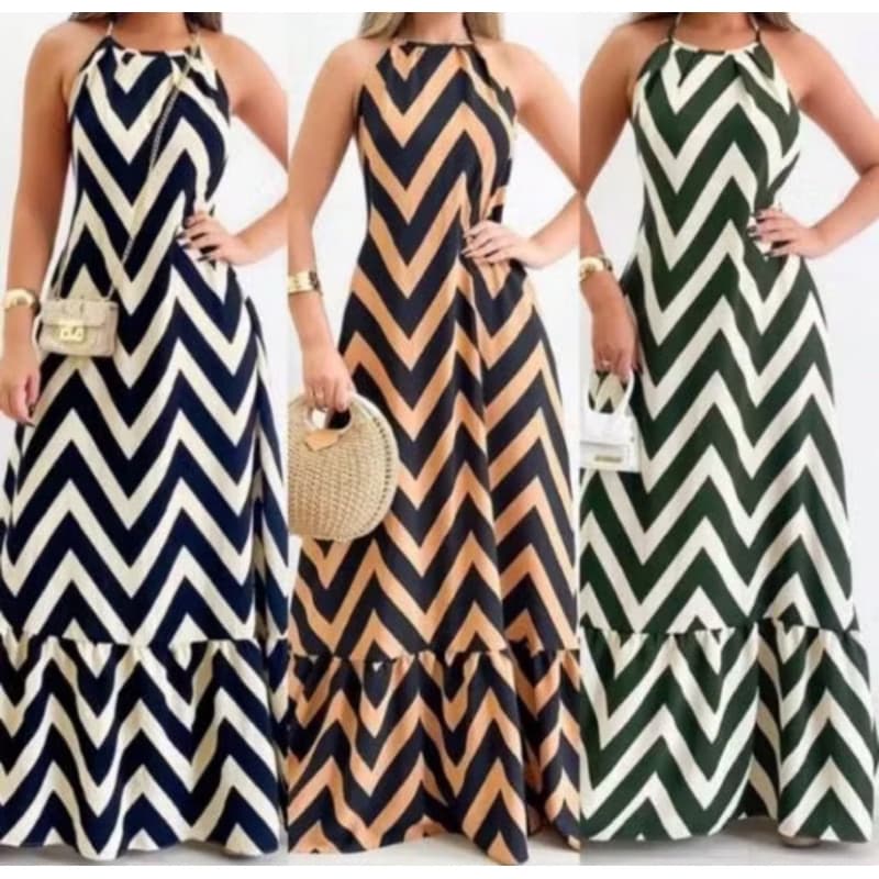 Vestido Feminino Longo Costa Nua Com Bojo Tecido Duna Estapada Zig Zag Elegante Tendência Promoção