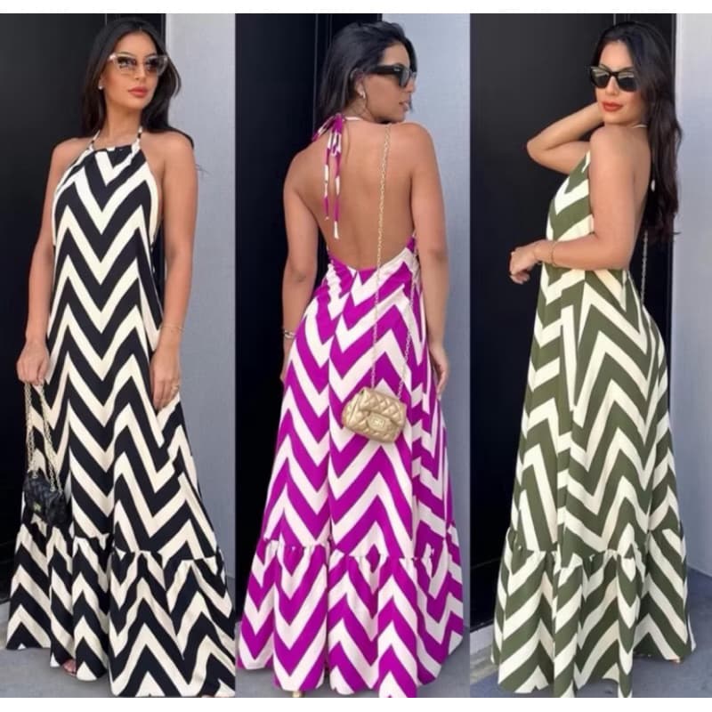Vestido Longo Costa Nua Zig Zag Tendecia Feminino Promoção