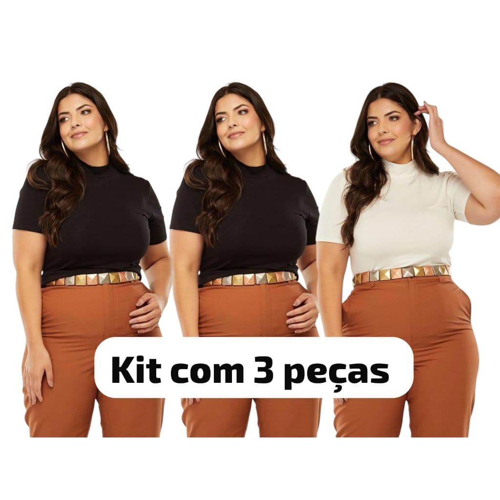 Kit 3 Blusas Social Feminina Gola Alta Manga 3/4 Roupas Plus Size Elegante Casual Oversized Camiseta