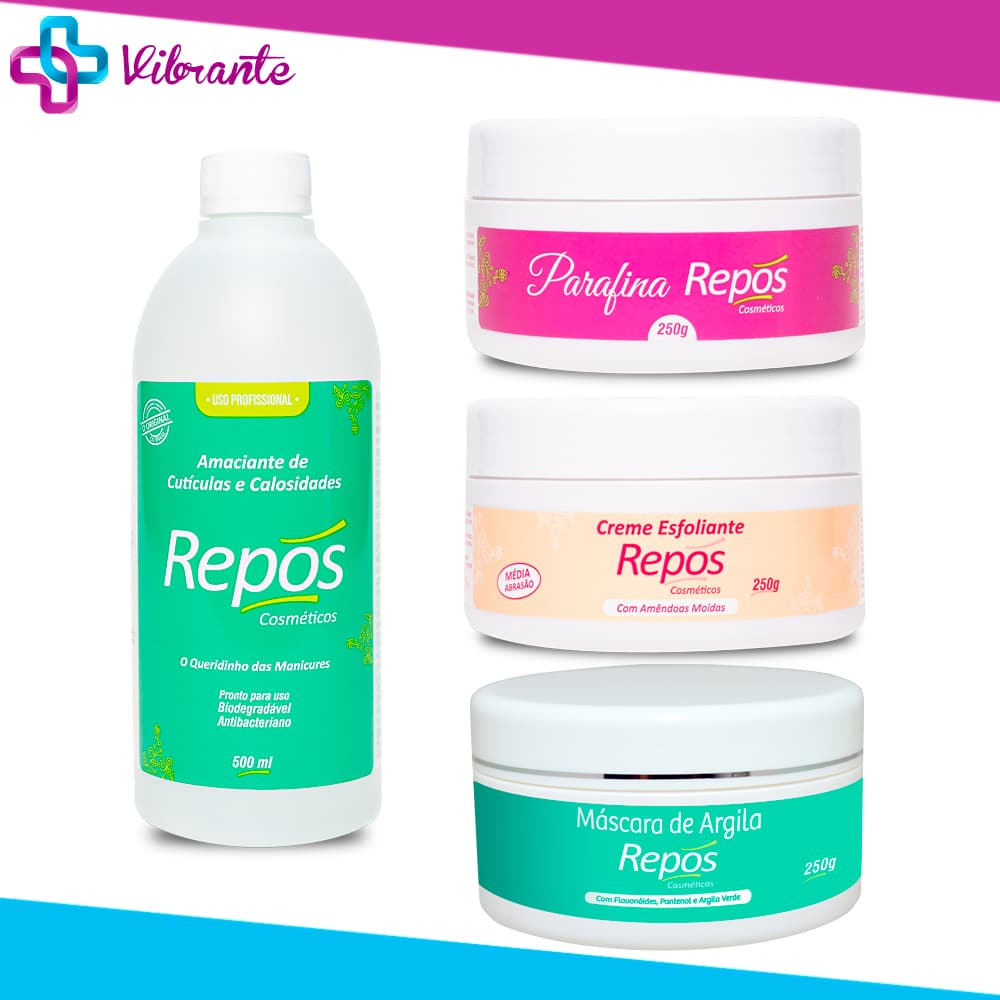 Kit Repos Amaciante de Cutículas e Calosidades + Creme Esfoliante + Parafina + Máscara de Argila