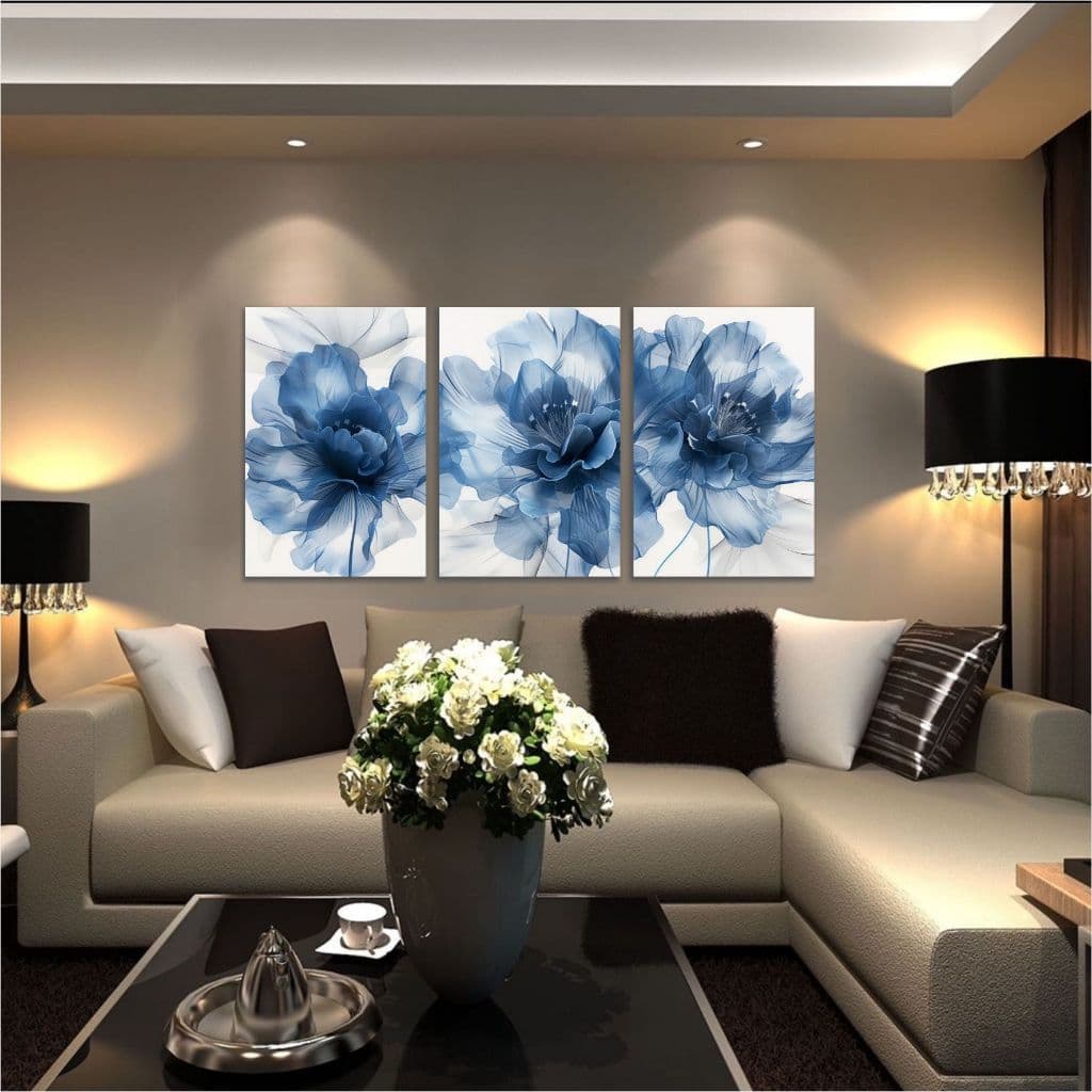 Quadro Decorativo Flor Azul Delicada Em Aquarela Quarto Sala 3 pç