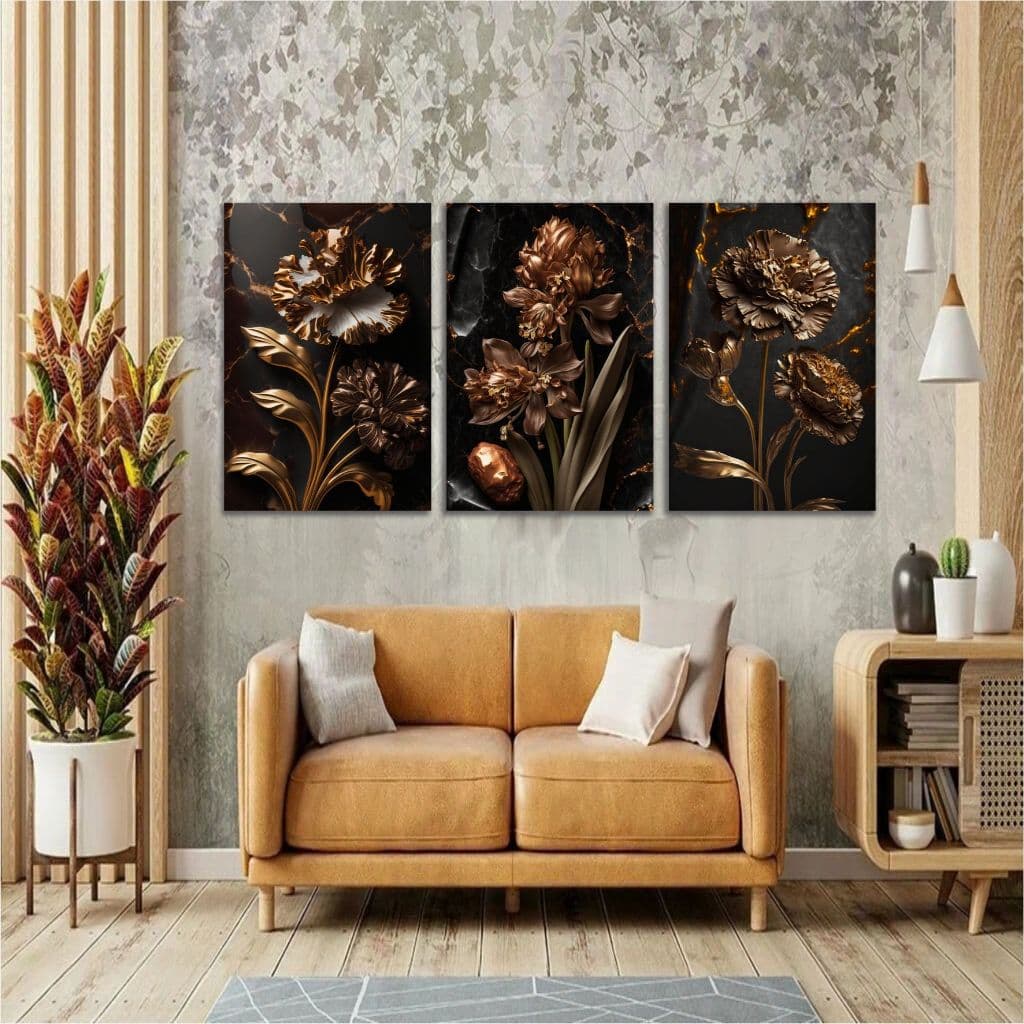 Quadro Decorativo Flor Dourada Preto Luxo Quarto Sala 3 pç