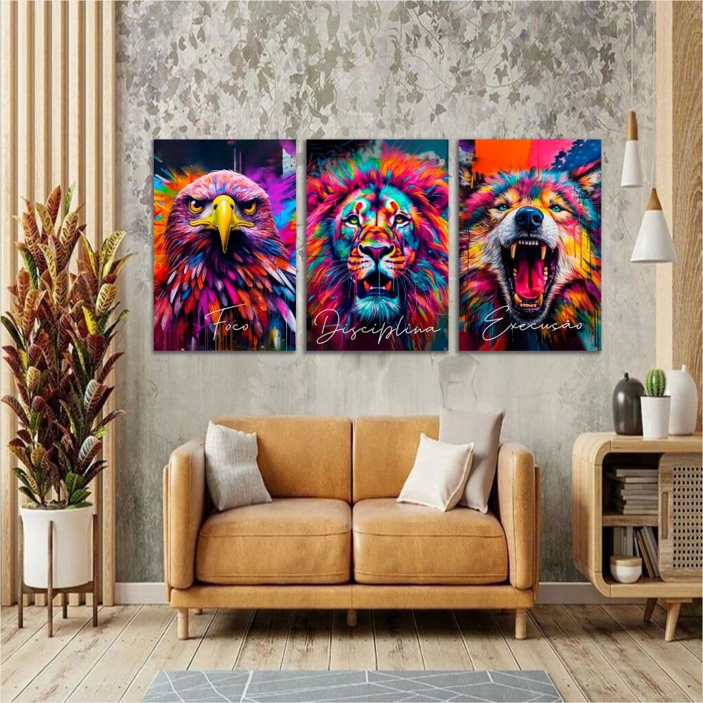 Quadro Decorativo Frase Leão Águia Lobo Colorido Quarto Sala 3 pç