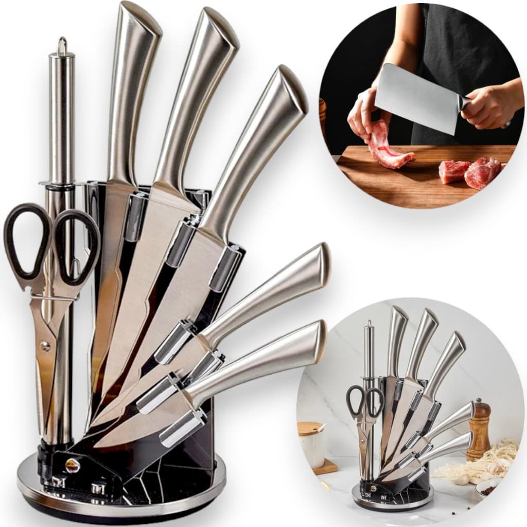 Conjunto De Facas Inox Para Cozinha Com Suporte E Afiador 7 Peças Premium Faqueiro Profissional