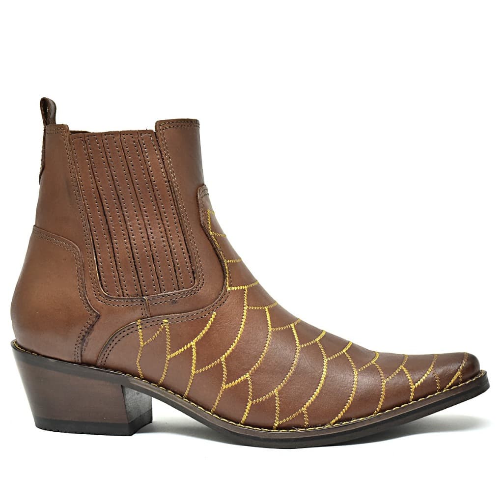 Bota Botina Masculina Country Carrapeta Bico Fino Bordado Escamas em Couro Legítimo