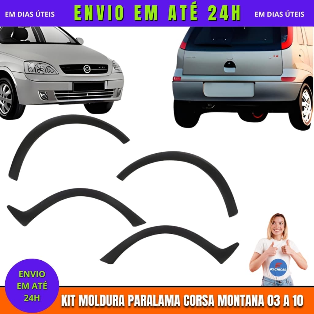 Kit Moldura Paralama 2 Dianteiro + 2 Traseira Corsa Montana Hatch 03 04 05 06 07 2010 Jogo 4 Peças