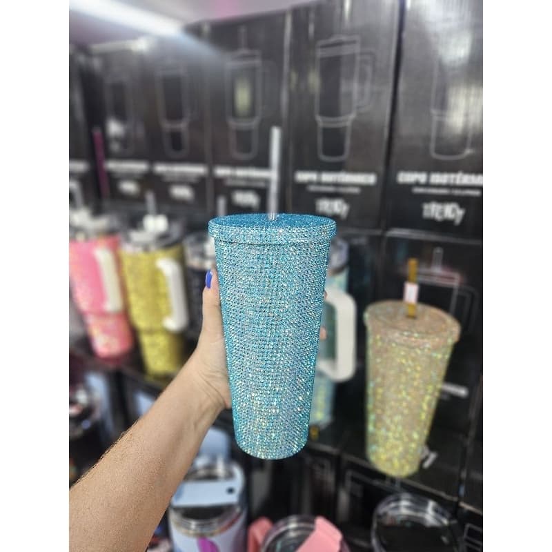 Copo canudo acrílico strass 650 ml