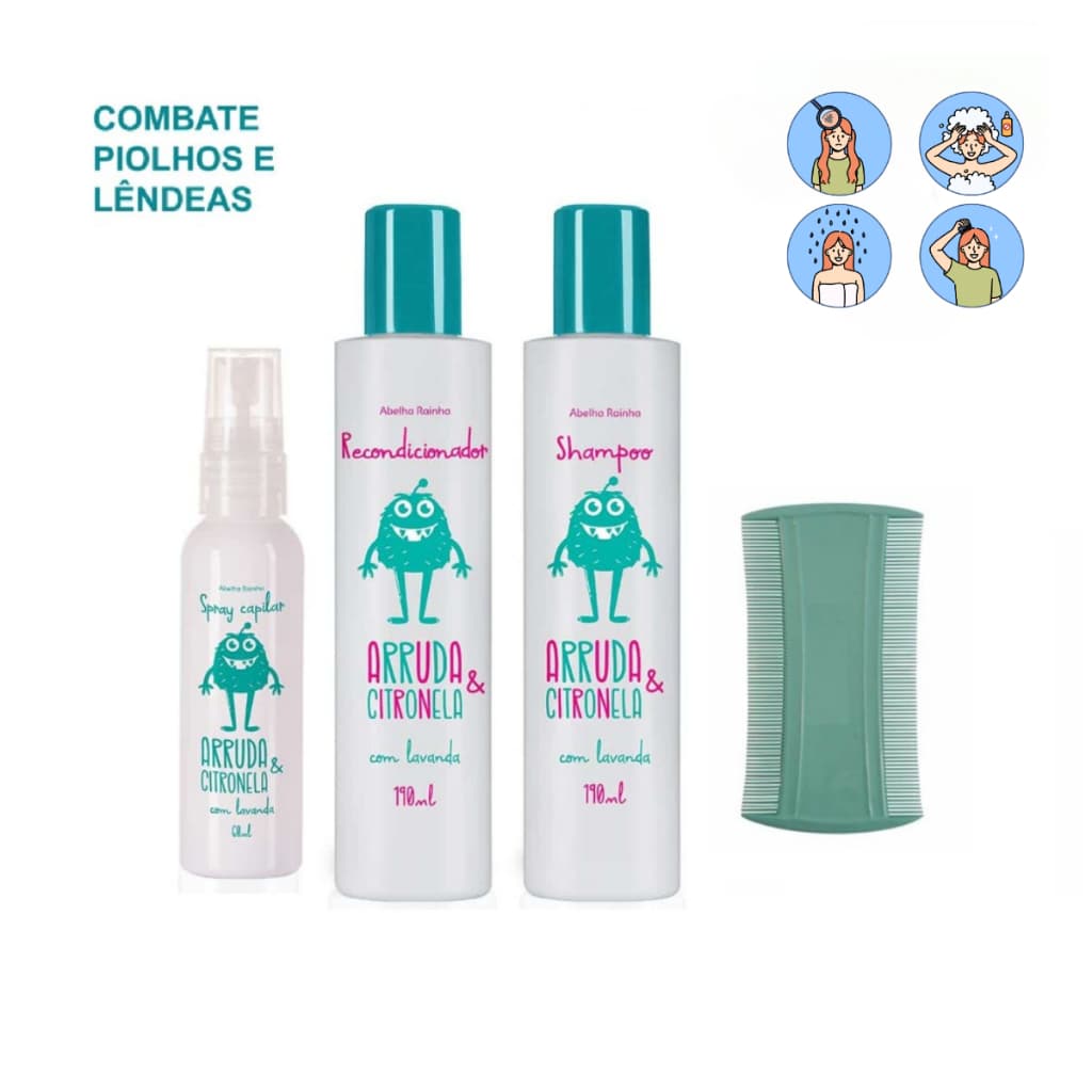 Kit Xô Piolho Arruda e Citronela Prevenção De Piolhos  Com Pente Fino Lêndeas Limpa e Protege Abelha Rainha