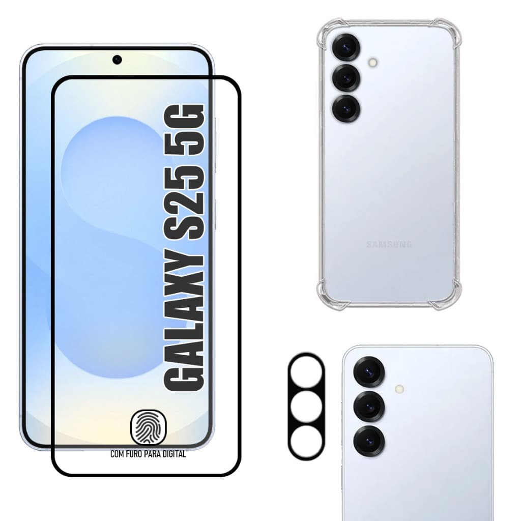 Kit Para Galaxy S25 5G | Película de Vidro 3D - Capa Anti Shock - Película da Câmera 3D