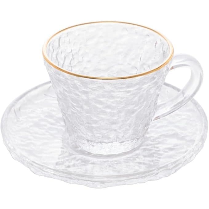 4 Xícara de Cristal Martelado para Chá com Pires e Borda Dourada Petra 180ml - Lyor