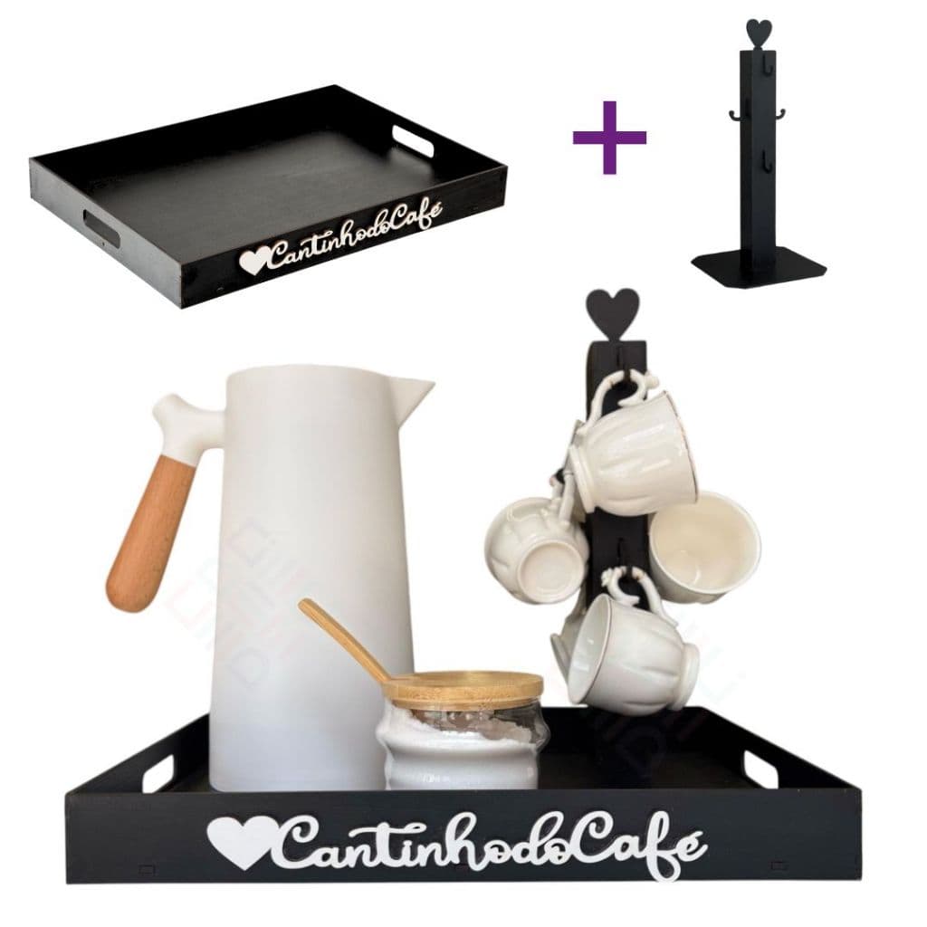 Kit Bandeja Cantinho do Cafe + Suporte Preto Organizador 6 Ganchos Xícaras Canecas de Café Cha Mdf