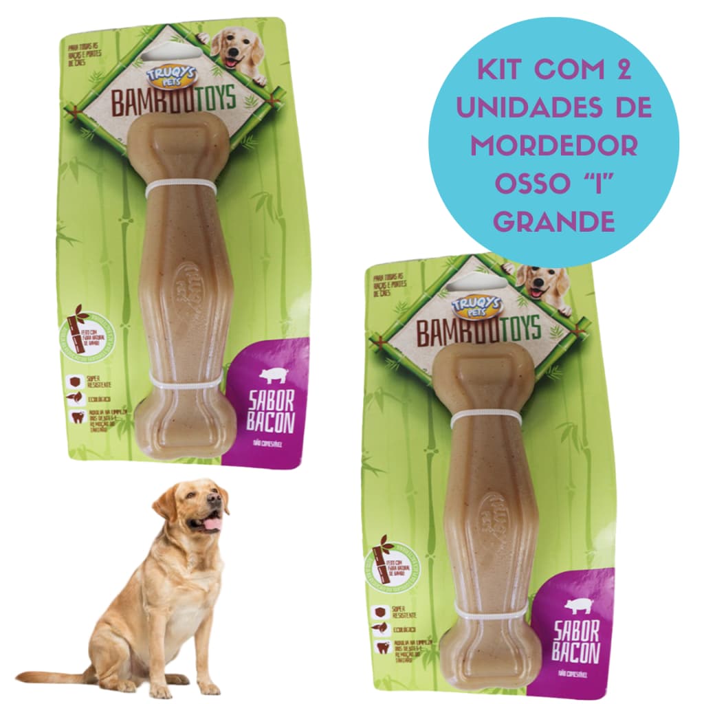 Kit Brinquedo Mordedor Osso Bamboo Toys 2 unidades Osso I Truqys Grande Sabor Bacon Bambu Natural