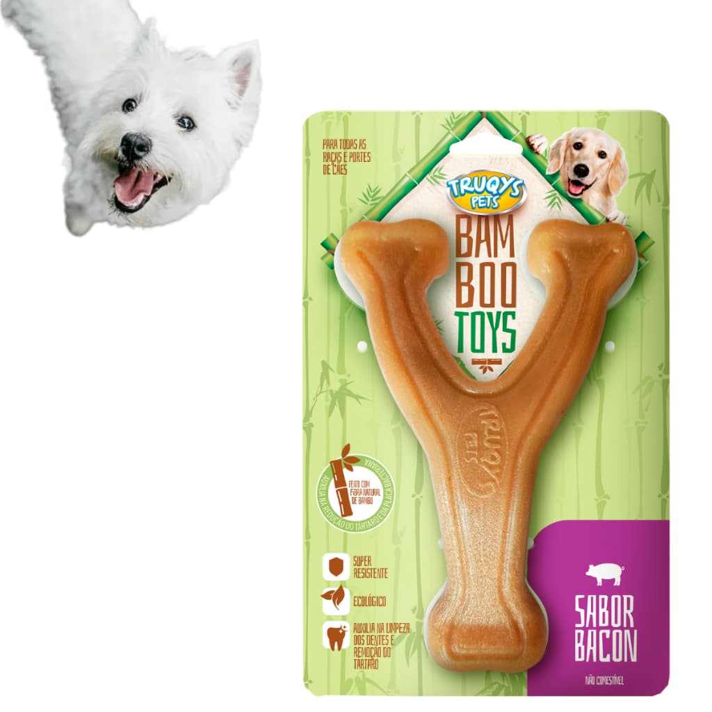 Mordedor Osso Bamboo Forquilha P Truqys Toys para cachorro resistente sabor bacon
