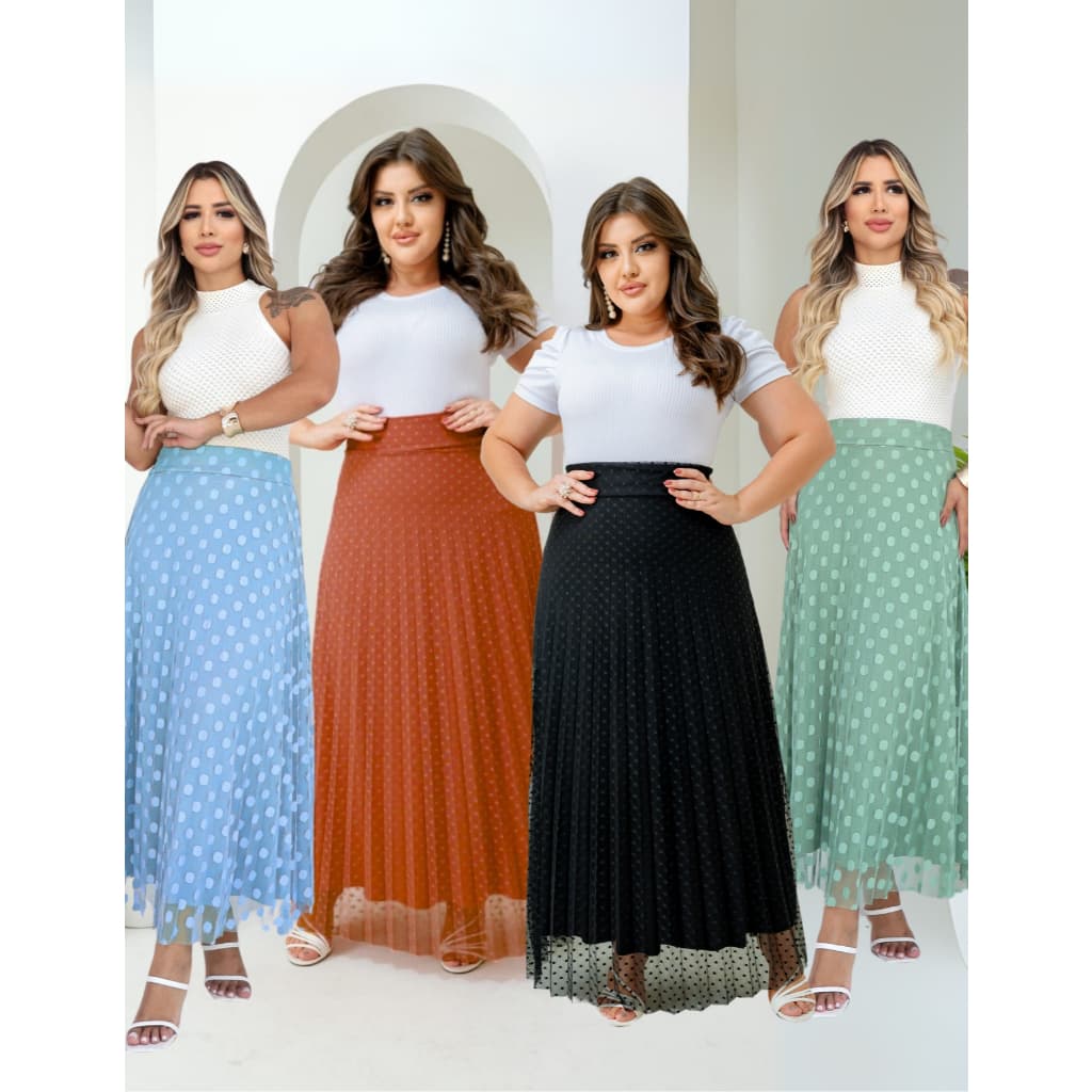 Saia Longa Plissada Tule Poá Forro Helanca Light Moda Evangélica Elegante Tendencia Cristã Brasil