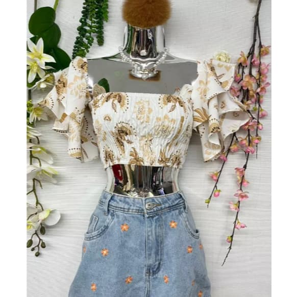 Blusa feminina top cropped floral com elastico