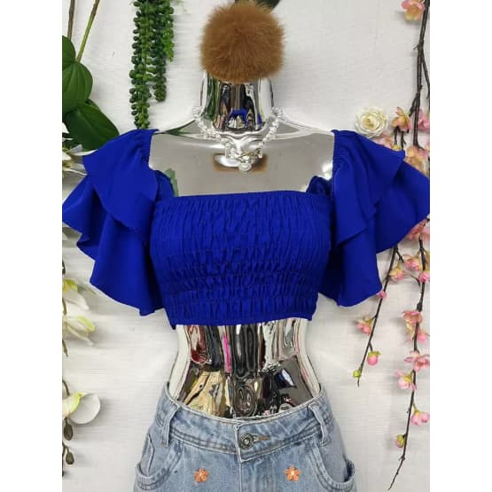 Cropped feminino elastico manga com babado