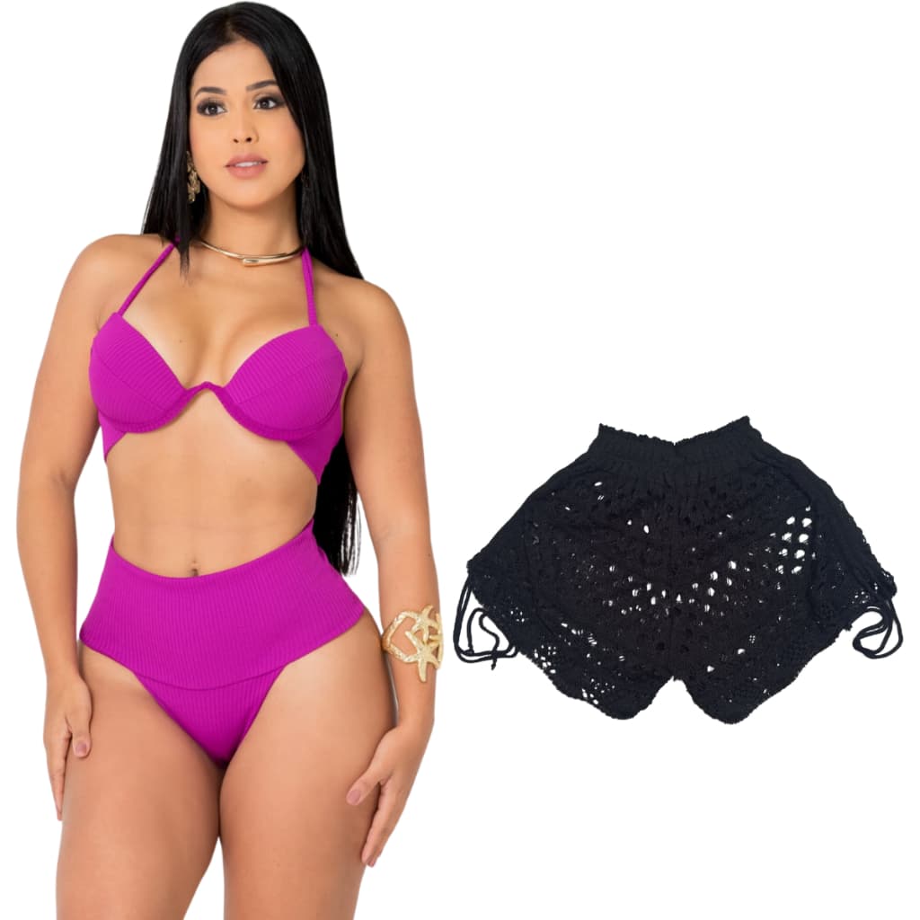 Kit Biquini cintura alta + shorts trico saida de praia moda primavera verão
