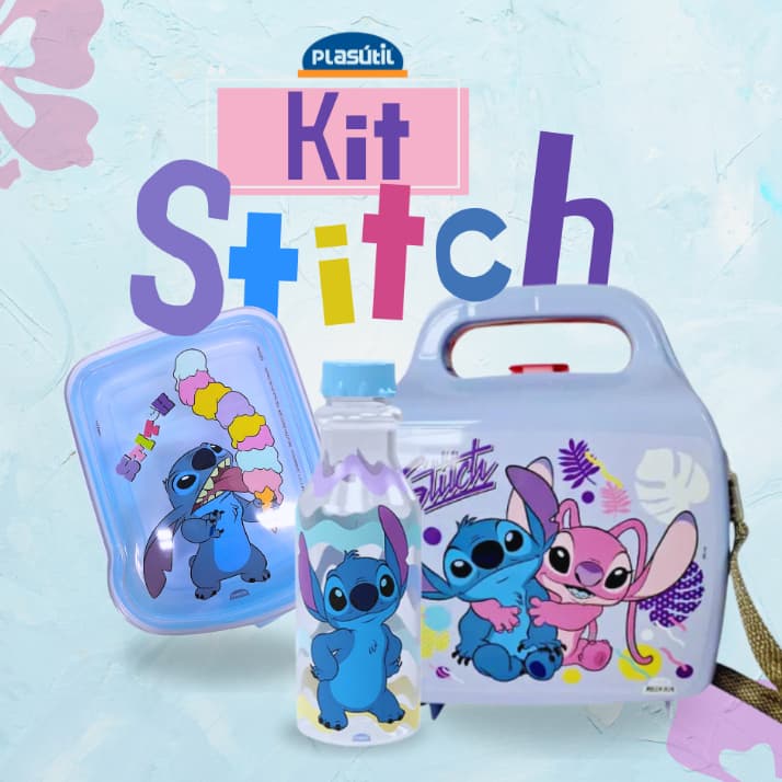 Kit Lanche Stitch - Lancheira + Garrafinha + Sanduicheira / Plasútil