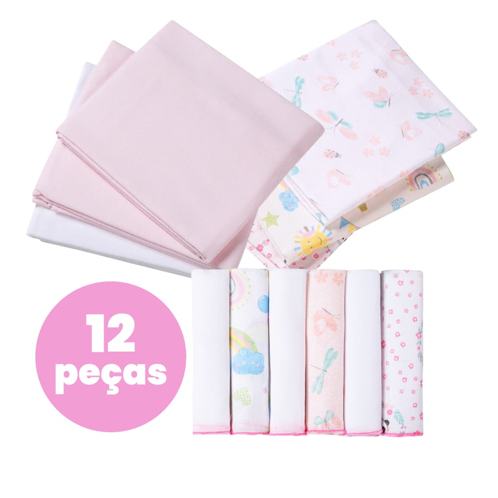 KIT 12 Peças! Super econômico! 6 cueiros estampados e lisos  80x50xm + 6 paninhos de boca 30cmx30cm.