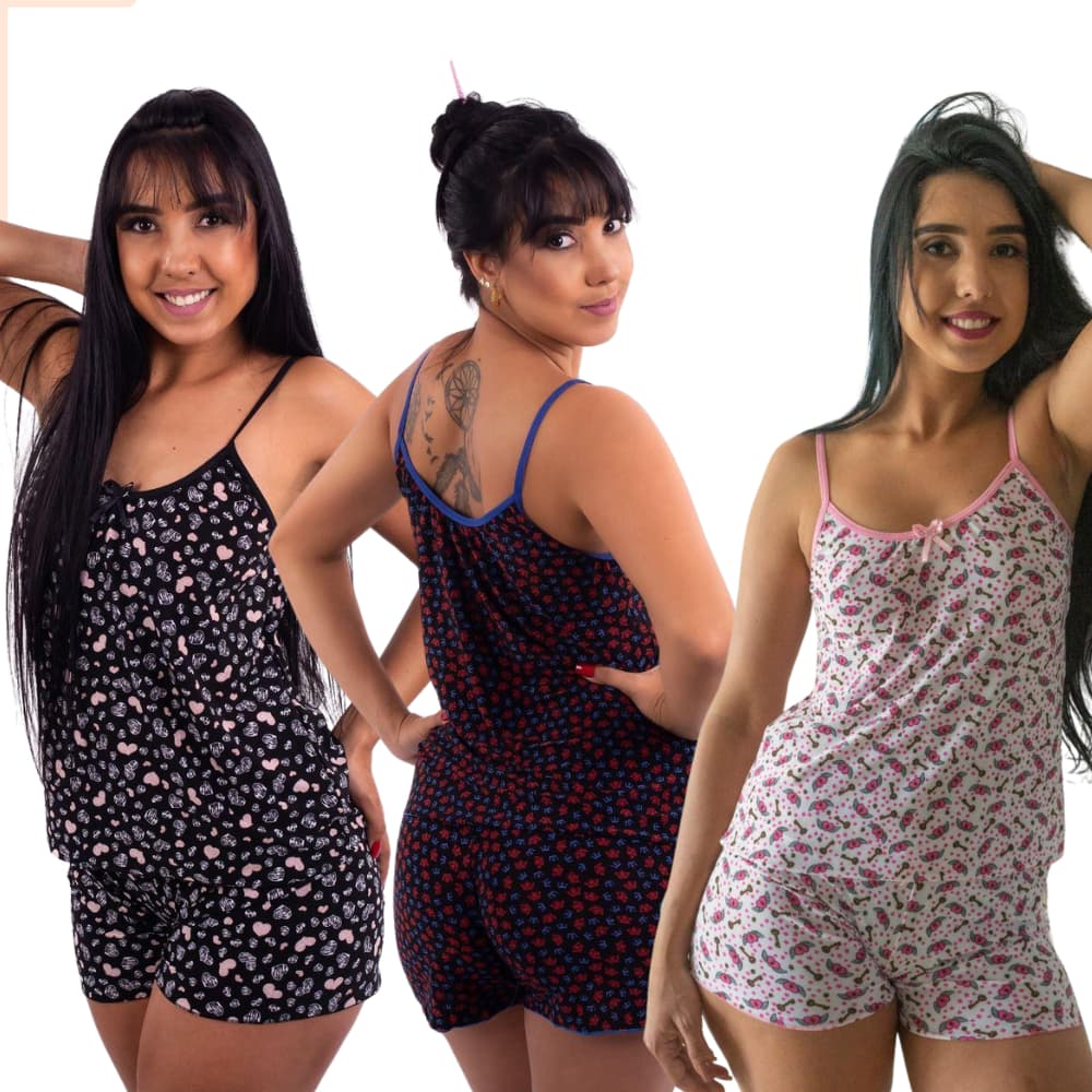 Kit 5 ou 3 Shortdoll Feminino Pijama Traje de Dormir Confortavel Fresquinho Malha Fria Blusa + Short
