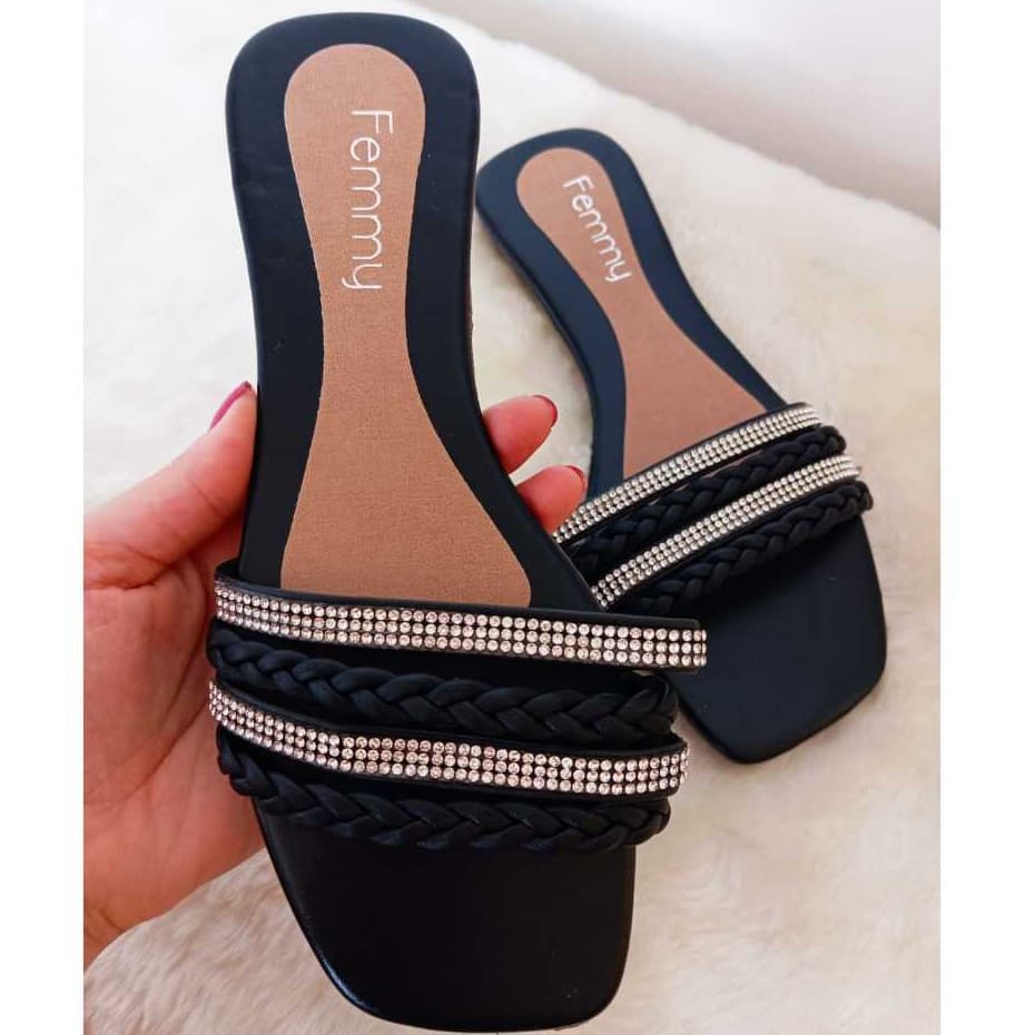 Sandália rasteira, 4 Tiras, Strass e Trança - Várias cores e confortável - Rasteirinhas Femmy 01