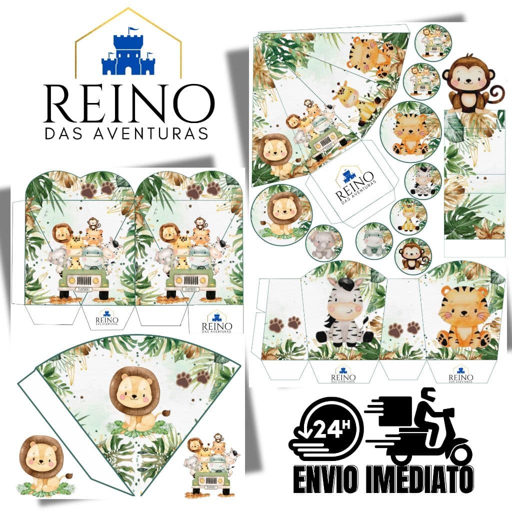 Envio imediato COM NOME - TEMA SAFARI MENINO Kit Completo 170 Lembrancinha de Aniversário Personalizado