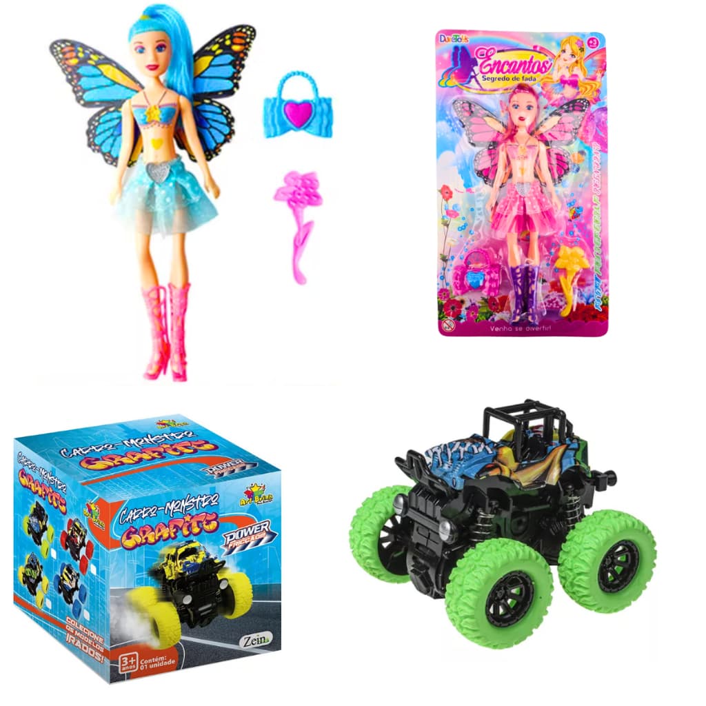 kit presente menino e menina boneca fada e carrinho de fricção