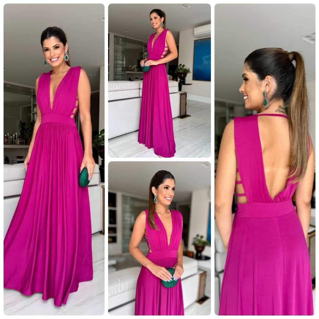 Vestido Longo Festa Madrinha Casamento Formatura Abertura nas Costa e Lateral Decote Marrom Fucsia Social Feminino