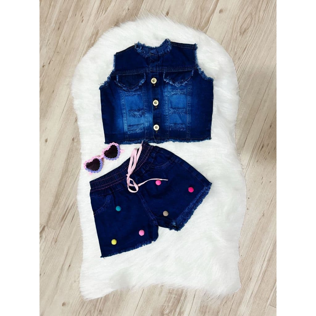 Conjunto Jeans Molinho Shorts Bolinha e Colete P M G  Infantil