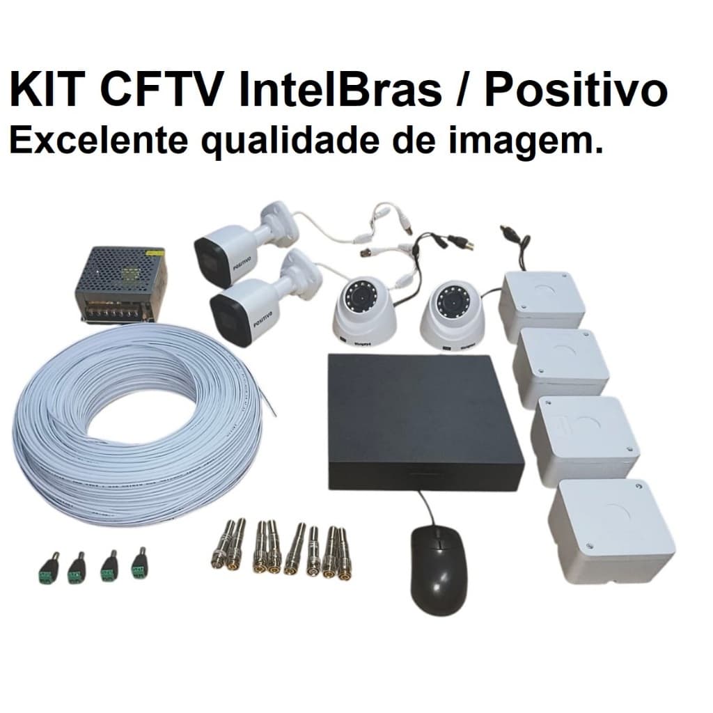 Kit CFTV 4 câmeras, intelbras / positivo + fonte + cabo + HD + caixas + conexões