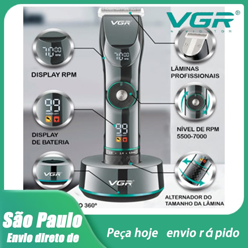 Cortador de Cabelo Profissional VGR OIV-256, Base de Carregamento, Kit com 6 Pentes, Azul, Sem Fio