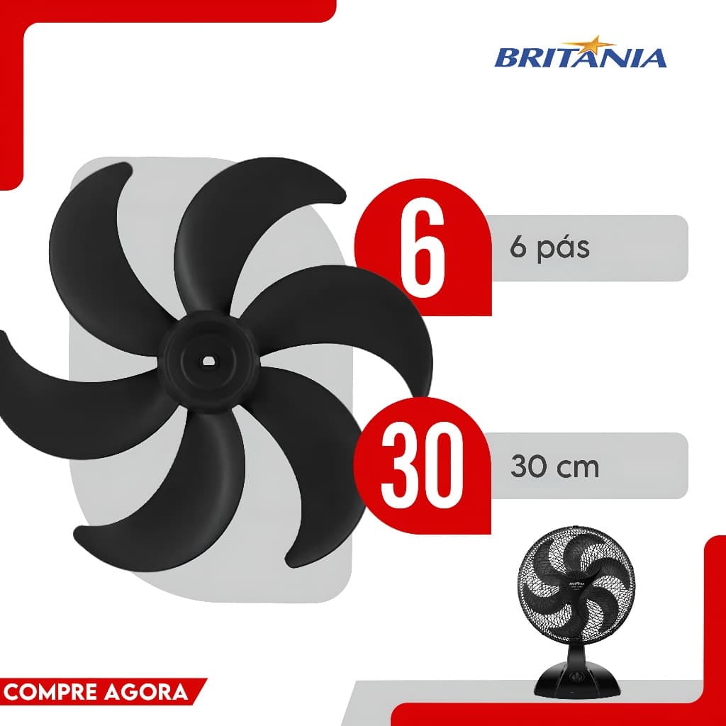 Hélice Ventilador Britânia 30cm 6 Pás Centro Turbo Silencium