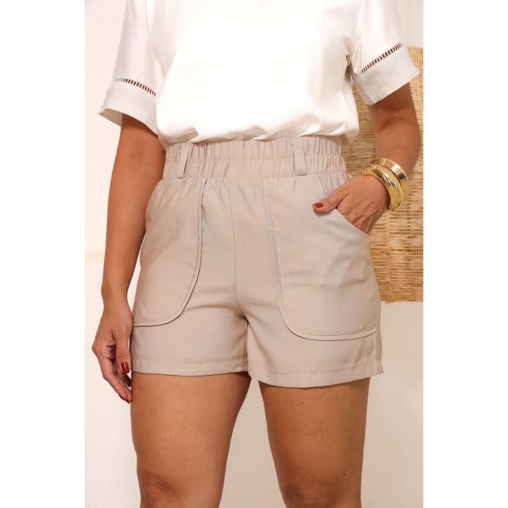 Shorts Luar Feminino com Bolso Alfaiataria com Elástico e Cintura Alta Casual Verão Slim e Plus Size