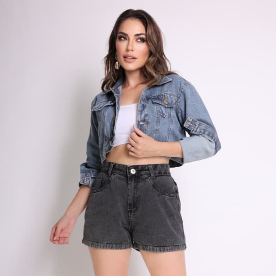 Jaqueta jeans cropped MODA FEMININA