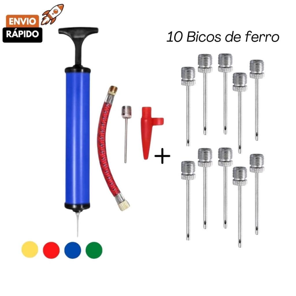 Bomba de Ar Manual com Acessórios + 10 Bicos de Metal para Encher Bolas e Infláveis Piscina Boia