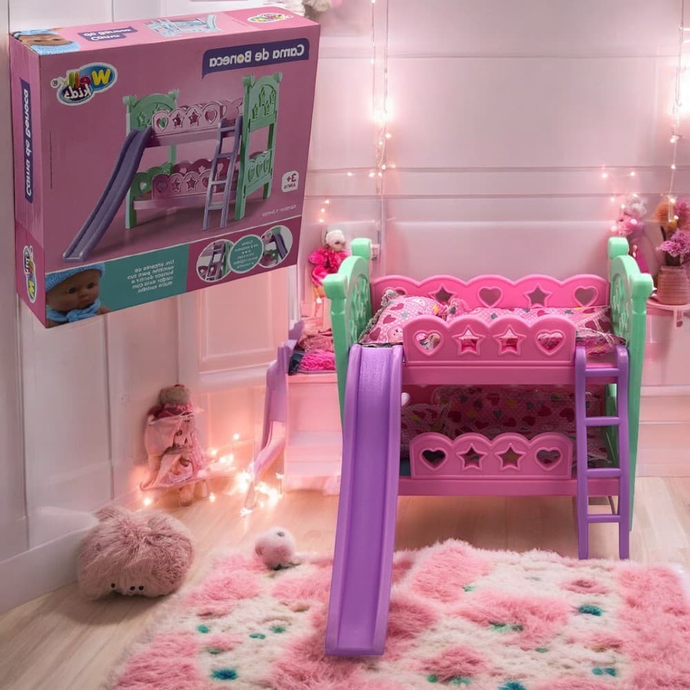 Berço de Brinquedo para Boneca com Escorregador e Colchãozinho, Modelo Beliche - Cores Rosa ou Azul - Educativo