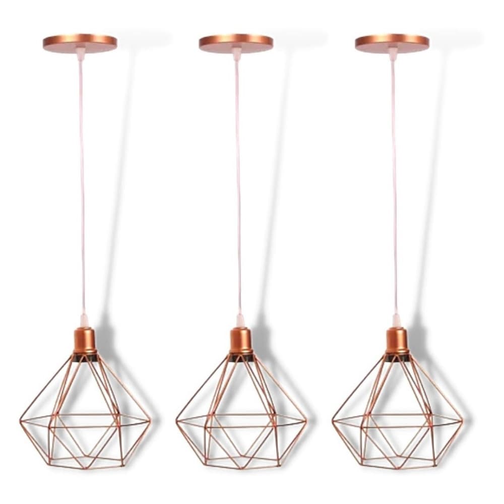 KIT 3 Pendente Aramado Diamante Retro ROSE GOLD FIO CRISTAL