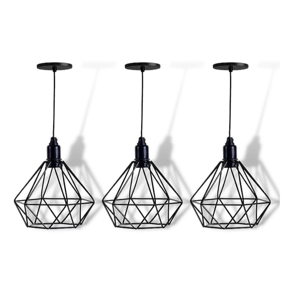 Kit 3 Pendente Diamante Piramide Industrial Preto Vintage Retro Cabo Regulavel