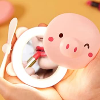 Mini Espelho Ventilador Porquinho Rosa Usb Iluminação Luz Led Para Maquiagem Portátil