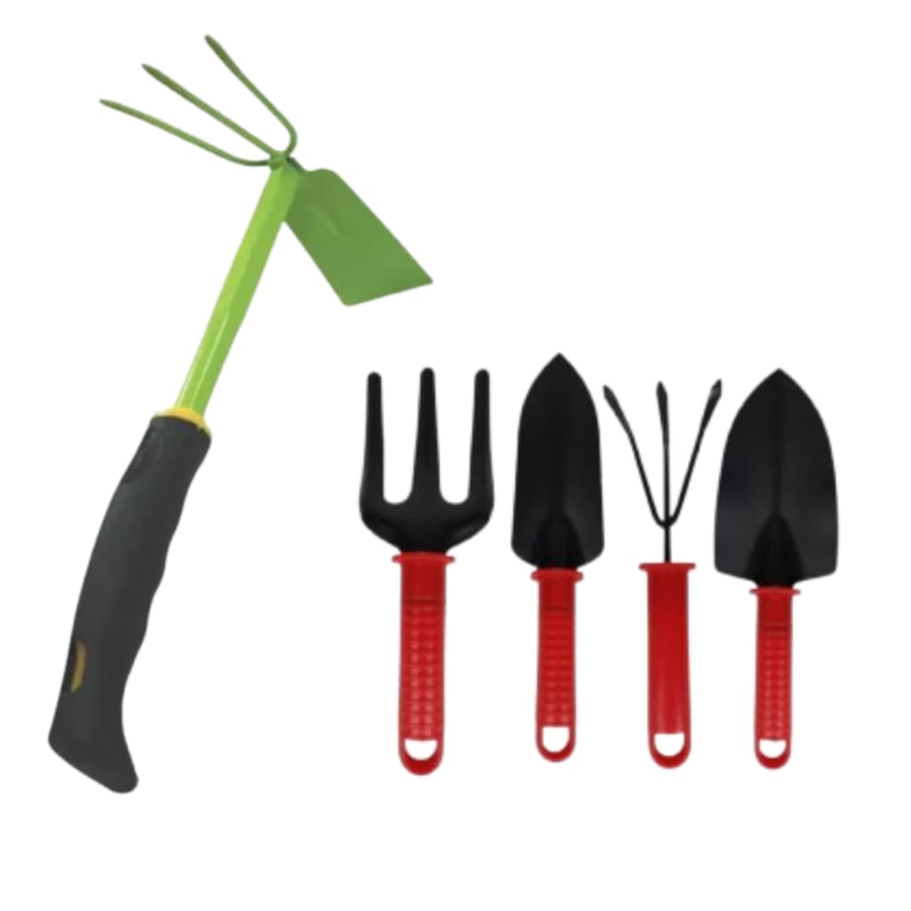 Kit Ferramentas P/ Jardim Jardinagem 5 Peças Mini Garfo e Mini Enxada Ancinho Rastelo Pás